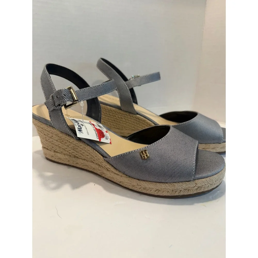 Tommy Hilfiger Womens Navy Striped Espadrille Wedge Sandals Ankle Strap Size 10M